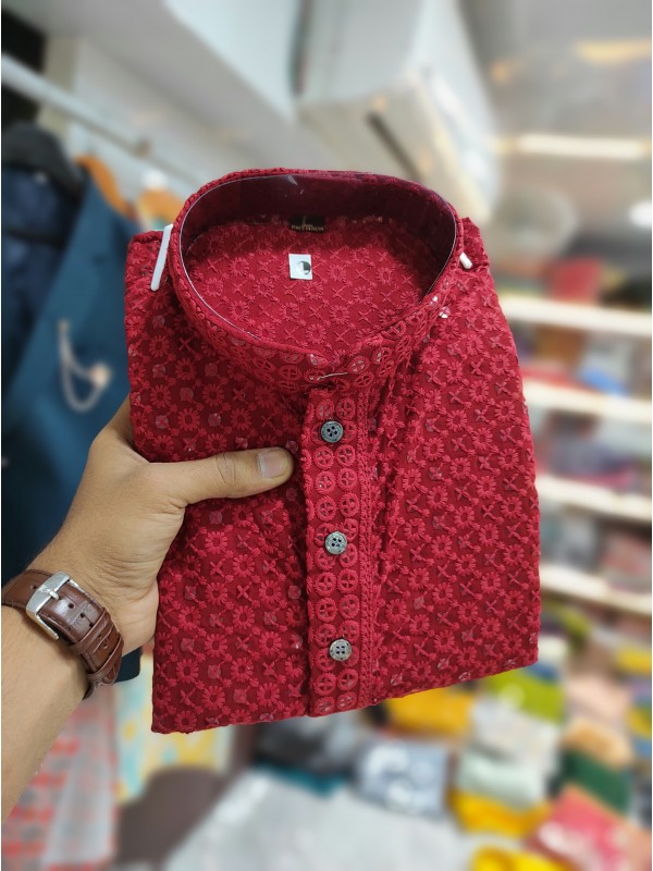 Rayon Silk Readymade Kurta set in with Red Color Lucknowi with Sequence