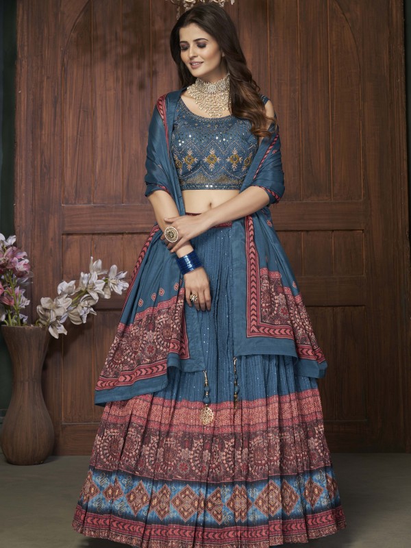 Chinon  Fabrics Party Wear Lehenga in Blue Color With Embrodiery  