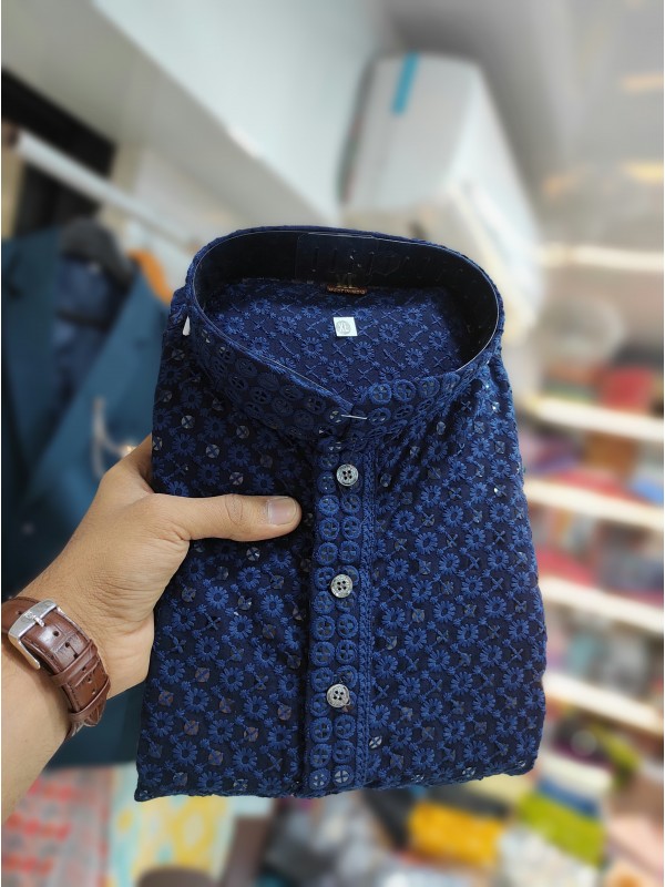 Rayon Silk Readymade Kurta set in with Navy Blue Color Lucknowi with Sequence