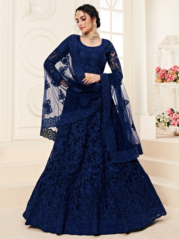 Soft Premium Net  Party Wear Lehenga In Dark Blue  With Embroidery Work