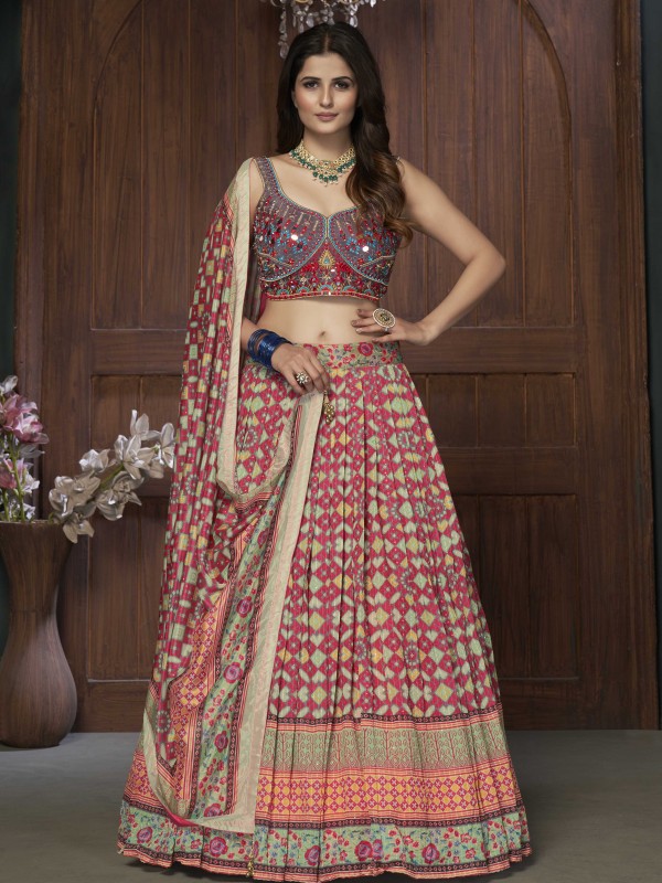 Chinon  Fabrics Party Wear Lehenga in Multi Color With Embrodiery  
