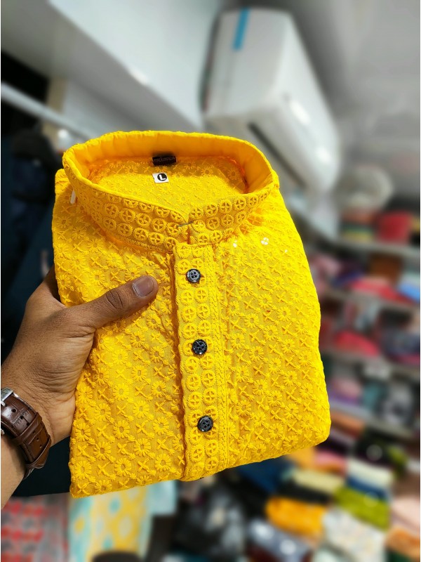Rayon Silk Readymade Kurta set in with Yellow Color Lucknowi with Sequence