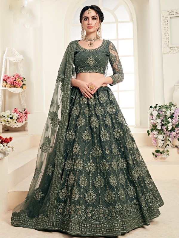 Soft Premium Net  Party Wear Lehenga In Mehendi Green With Embroidery Work