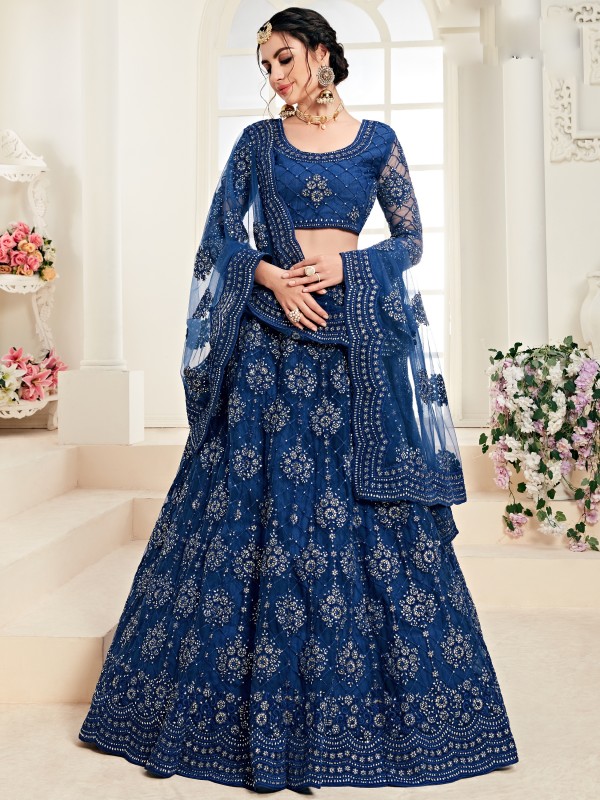 Soft Premium Net  Party Wear Lehenga In Blue With Embroidery Work
