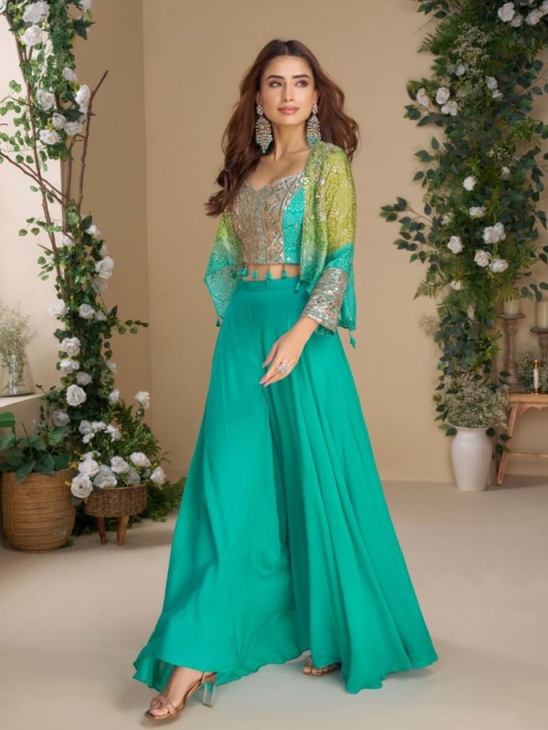 Pure Chinon Silk Party Wear 3 pcs In Turquoise Color with Embroidery Work