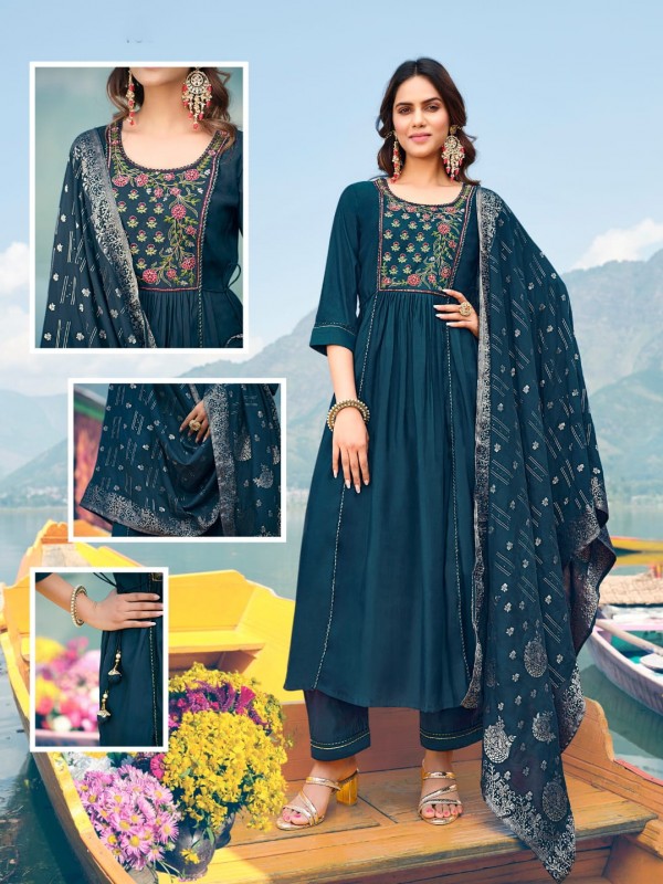 Pure Viscose Party Wear Suit in Teal Blue Color With Embroidery Work