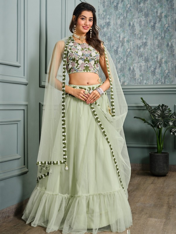 Soft Premium Net Party Wear Crop Top  In Green color With Embroidery Work 