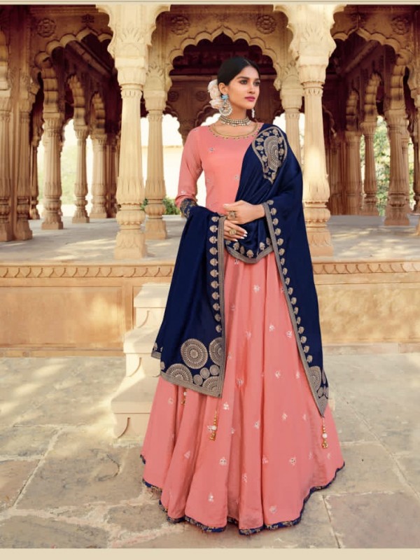 Dola Silk Party Wear Gown Peach Color with  Embroidery Work