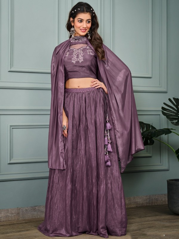 Crape  Party Wear Crop Top  In Purple  color With Embroidery Work 