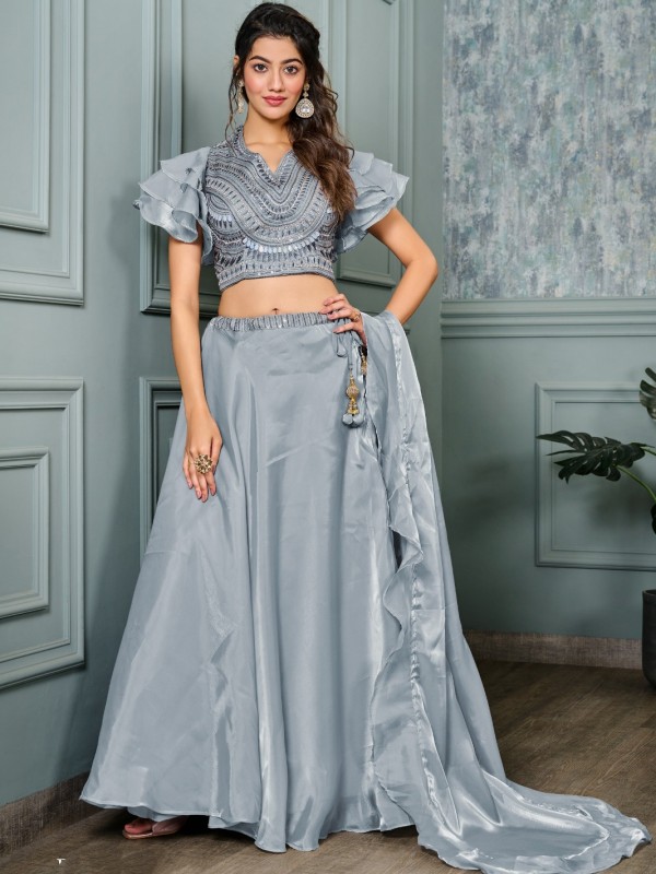 Tissue Party Wear Crop Top  In Blue color With Embroidery Work 