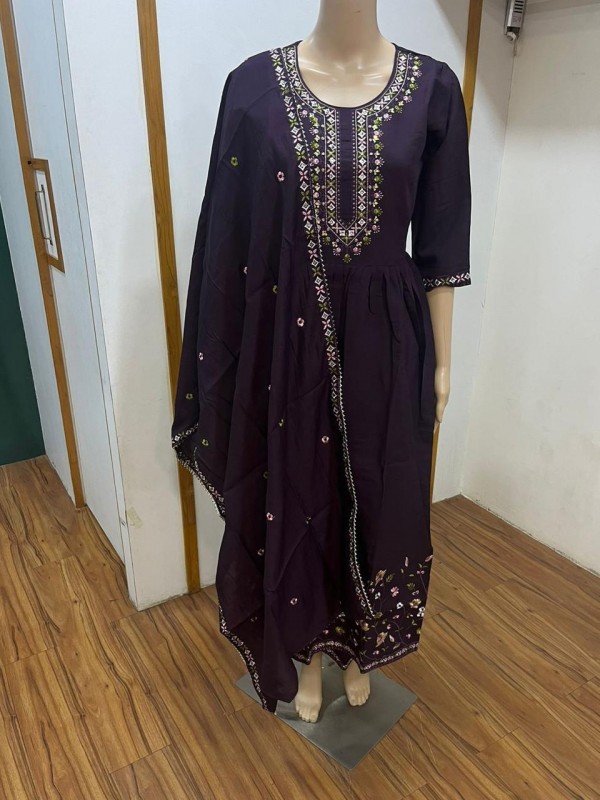 Cotton Silk Party Wear Suit In Purple Color With Embroidery work  