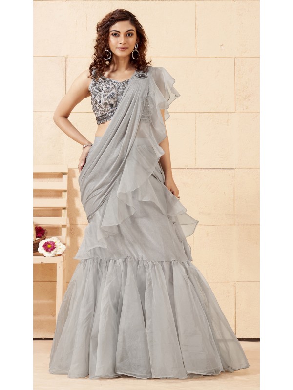 Shimmer Laycra  Fabric Party Wear  Saree In Grey Color With Embroidery Work