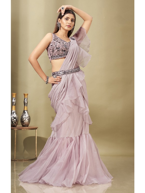 Shimmer Laycra  Fabric Party Wear  Saree In Light Purple Color With Embroidery Work