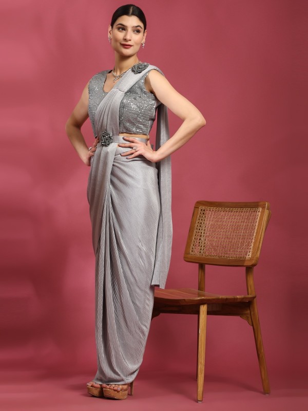 Imported  Fabric Party Wear  Saree In Grey Color With Embroidery Work