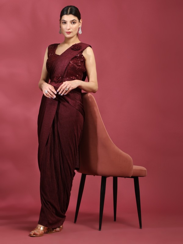 Imported  Fabric Party Wear  Saree In Maroon Color With Embroidery Work