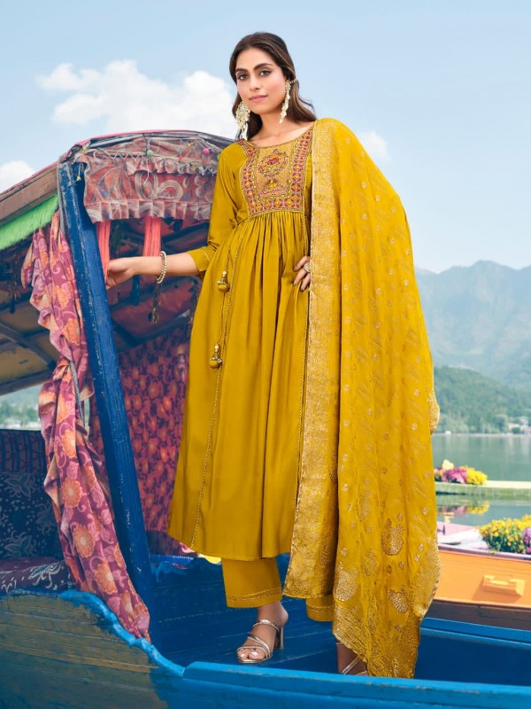Pure Viscose Party Wear Suit in Yellow Color With Embroidery Work