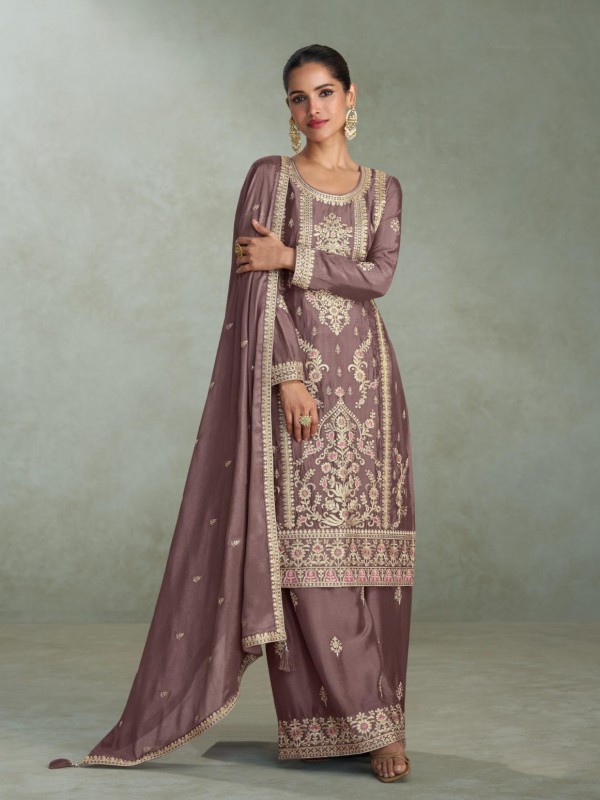 Pure Chinon Silk Party Wear Sharara In Brown Color with Embroidery Work