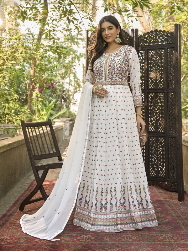 Real Georgette Party Wear Gown White Color with  Embroidery Work