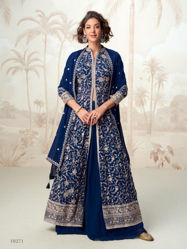 Real Georgette Party Wear Gown Blue Color with Embroidery Work