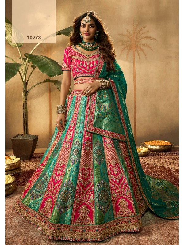 Pure  Silk Wedding Wear Lehenga in Pink & Turquoise Color With Embroidery Work