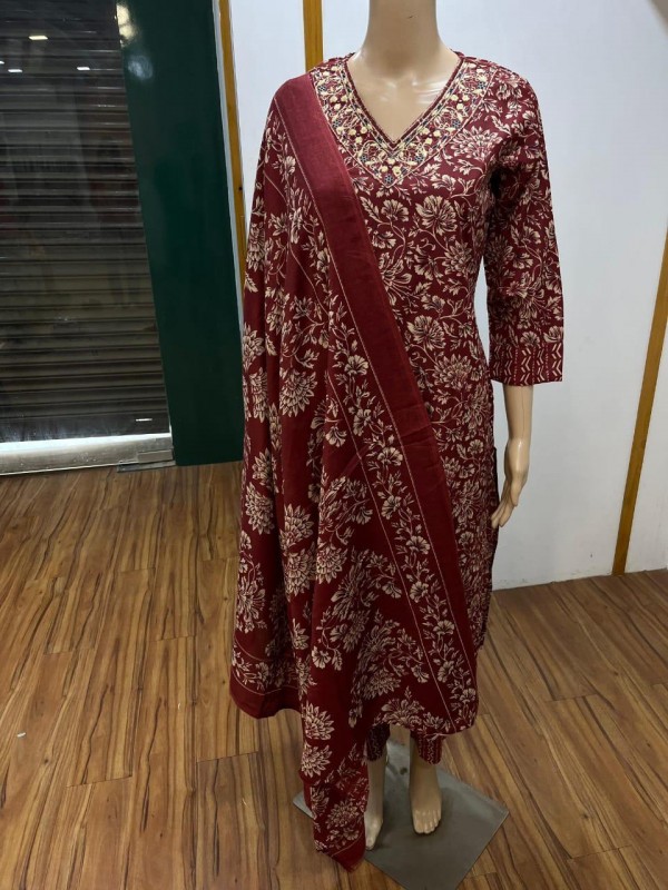 Cotton Silk Party Wear Suit In Grey Color With Embroidery work  