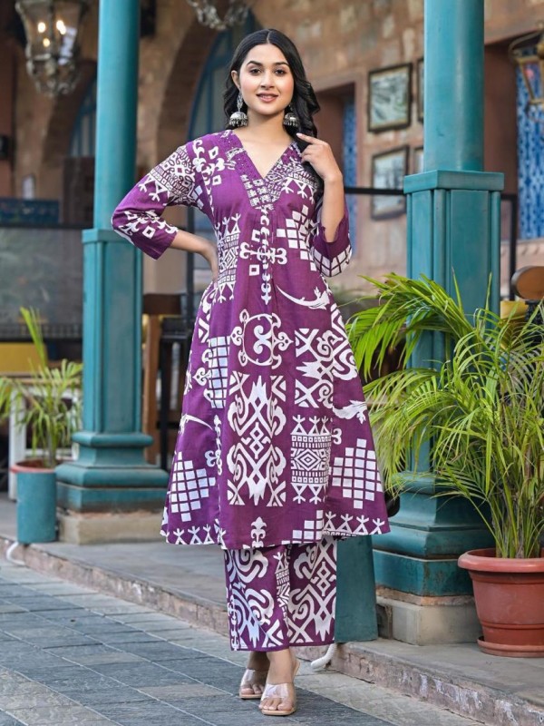 Cotton Silk Print Party Wear Suit In Lavender Color 