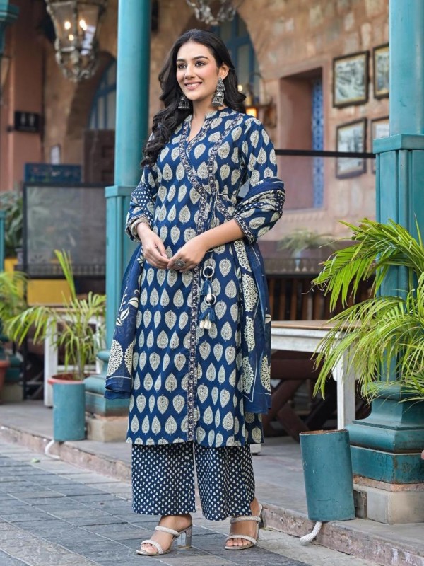 Cotton Silk Party Wear Suit In Blue Color With Embroidery work  