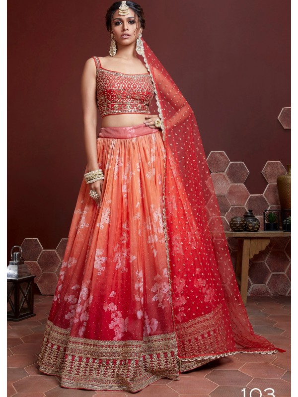  Silk Party Wear Lehenga In Red & Orange Color With Embroidery Work