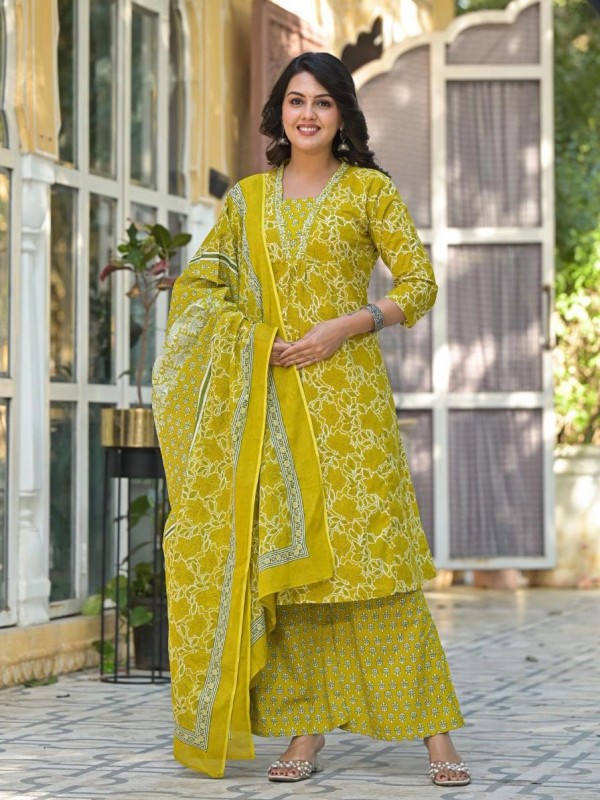 Cotton Silk Party Wear Suit In Yellow Color With Embroidery work  