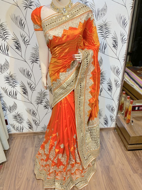 Model Silk Wedding Wear Saree In Orange WIth Embroidery Work & Crystal Stone work   