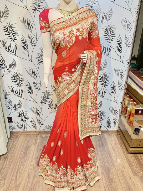 Pure Georgette Wedding Wear Saree In Red WIth Embroidery Work & Crystal Stone work   