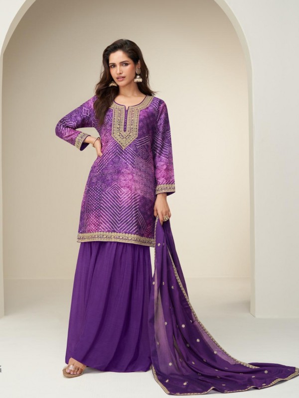 Pure Chinon Silk Party Wear Sharara In Purple Color with Embroidery Work