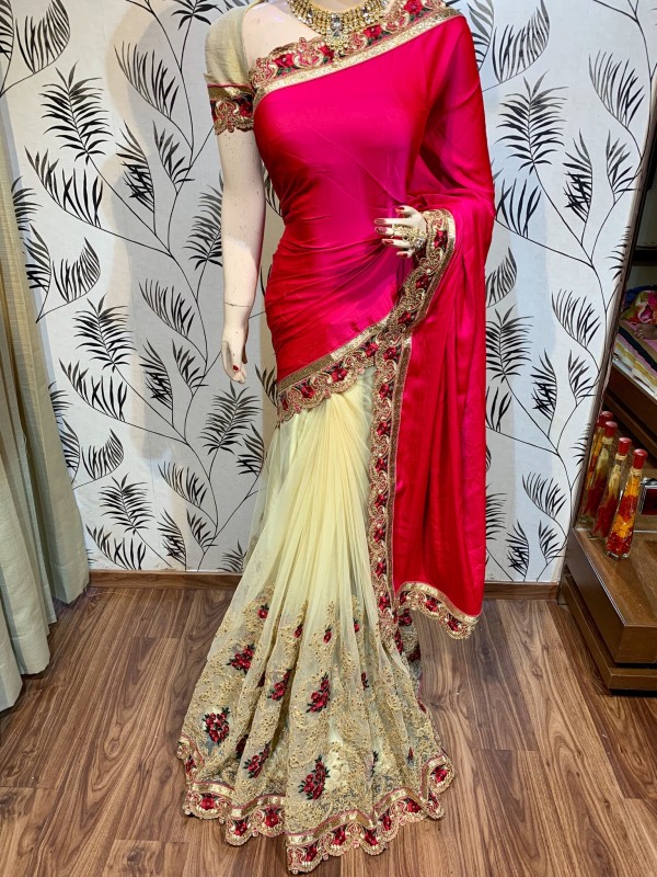 Model Silk Wedding Wear Saree In Pink WIth Embroidery Work & Crystal Stone work   