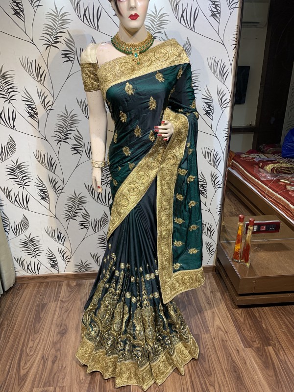 Pure Sateen Silk Wedding Wear Saree In Green WIth Embroidery Work & Crystal Stone work   