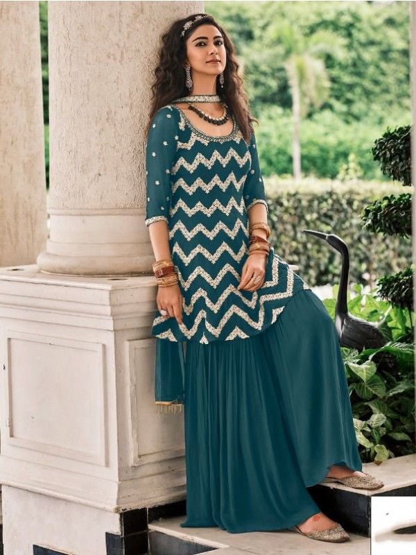 Pure Viscose Georgette Party Wear Sarara in Teal Blue Color with  Embroidery Work