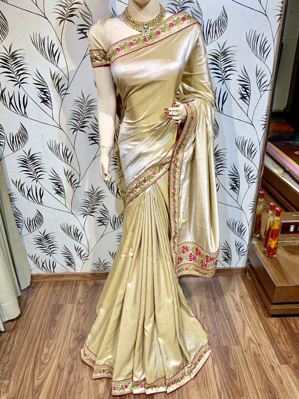 Pure Silk Party Wear Saree In Beige With Embroidery Work