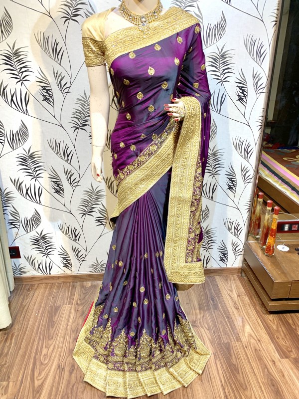 Metallic Silk Wedding Wear Saree In Purple WIth Embroidery Work & Crystal Stone work   