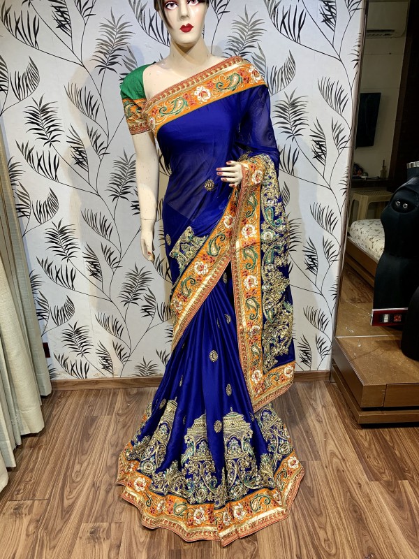 Mulberry Silk Wedding Wear Saree In Blue With Embroidery & Crystal Stone Work