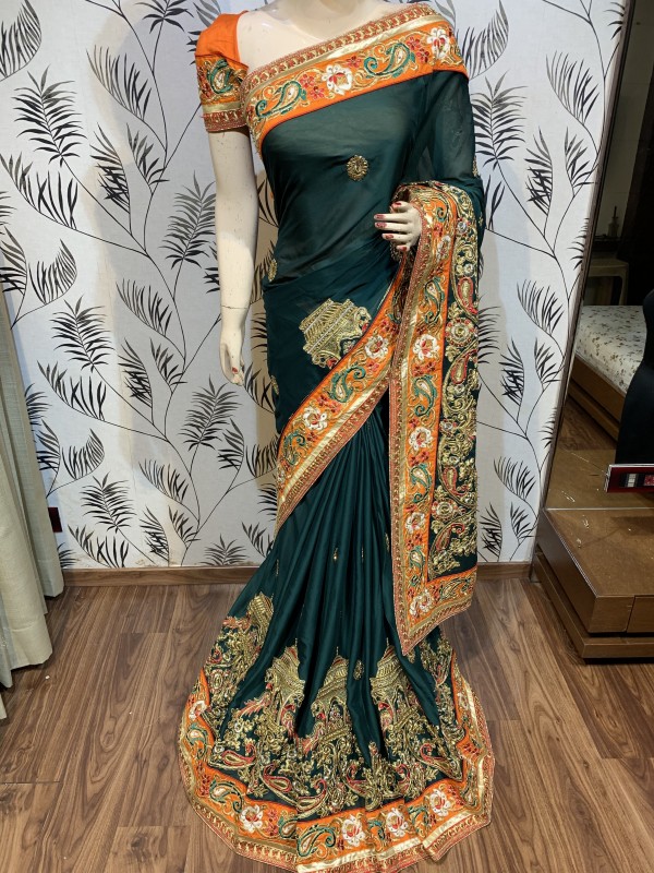 Mulberry Silk Wedding Wear Saree In Green With Embroidery & Crystal Stone Work