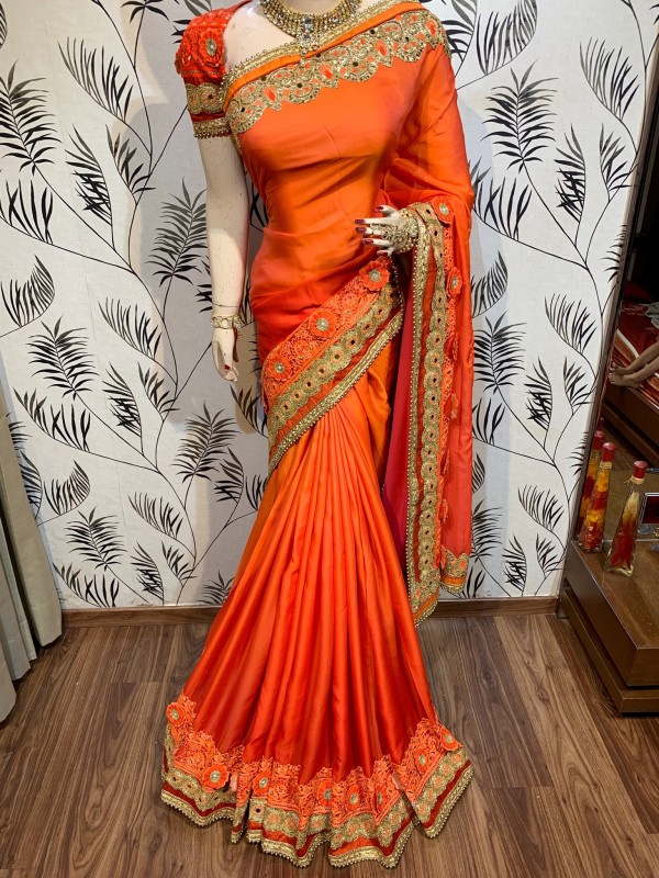 Shadow Silk Party Wear Saree In Orange WIth Embroidery Work & Crystal Stone Work   