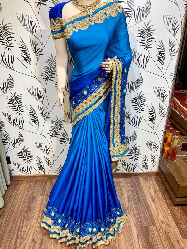 Shadow Silk Party Wear Saree In Blue WIth Embroidery Work & Crystal Stone Work   