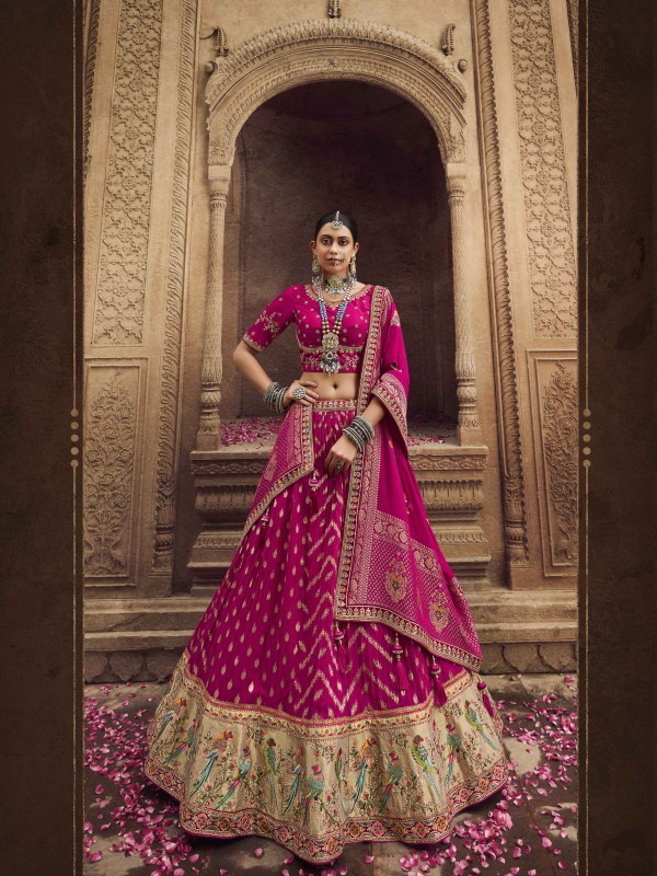 Viscose Silk  Wedding Wear Lehenga In Pink Color  With Embroidery Work