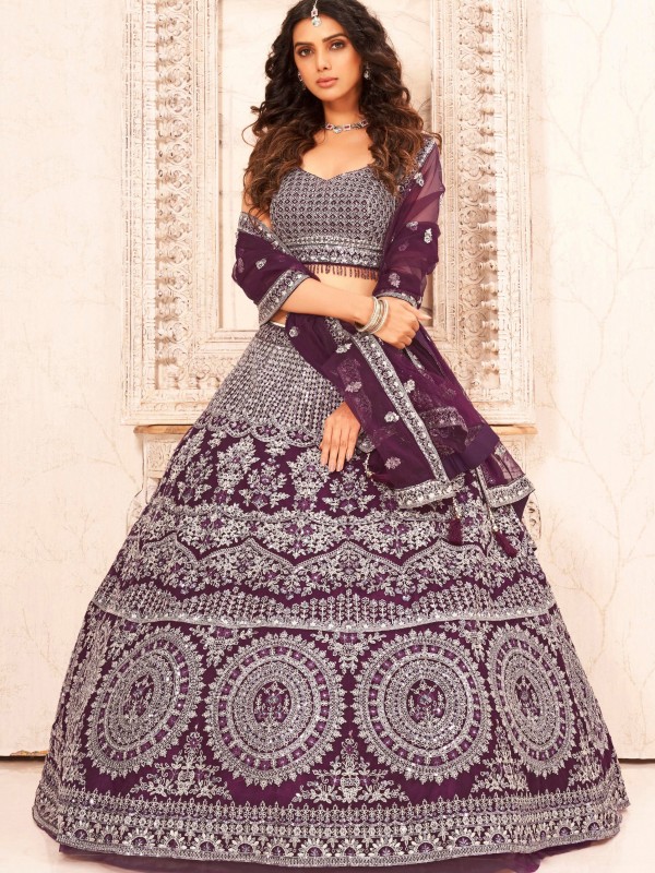 Georgette Fabrics  Wedding Wear Lehenga in Purple  Color With Embroidery Work