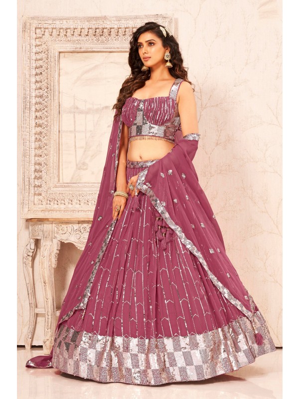 Georgette Fabrics  Wedding Wear Lehenga in Mauve Color With Embroidery Work