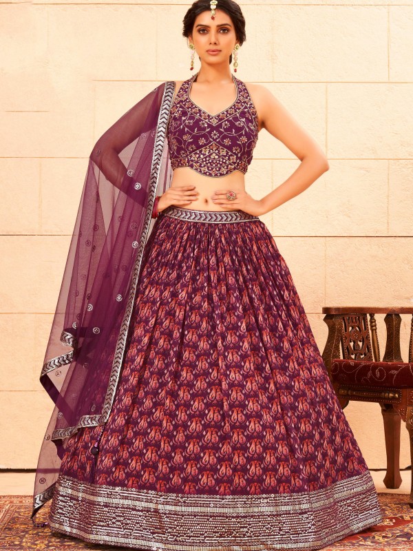 Georgette Fabrics  Wedding Wear Lehenga in Wine  Color With Embroidery Work