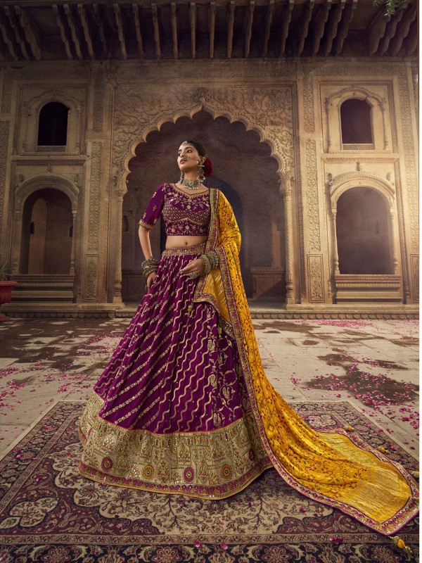 Viscose Silk  Wedding Wear Lehenga In Purple Color  With Embroidery Work