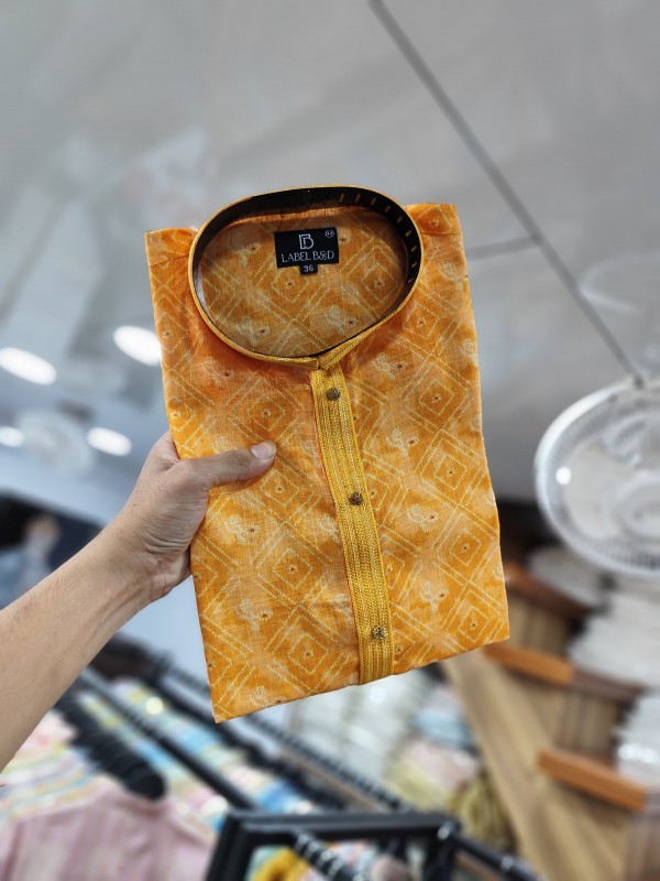 Lenin Silk Kurta set in Yellow Color with Digital Print 