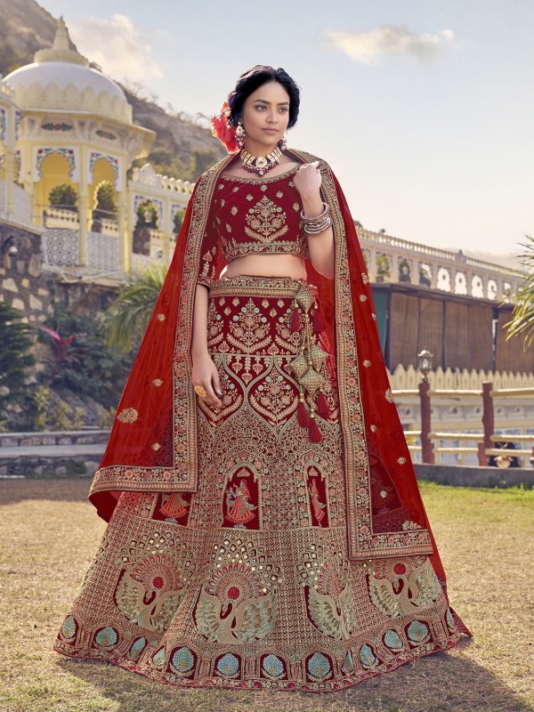 Pure Micro  Velvet Bridal  Wear Lehenga In Red With Embroidery Work 