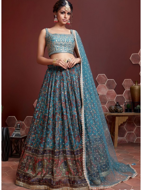 Chinnon Silk Party Wear Lehenga In Blue Color With Embroidery Work