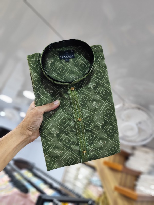 Lenin Silk Kurta set in Green Color with Digital Print 